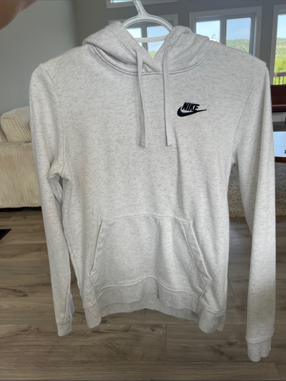 Nike Grey Heathered White Logo Fleece Hoodie Sweatshirt Size XS (flaw pictured)